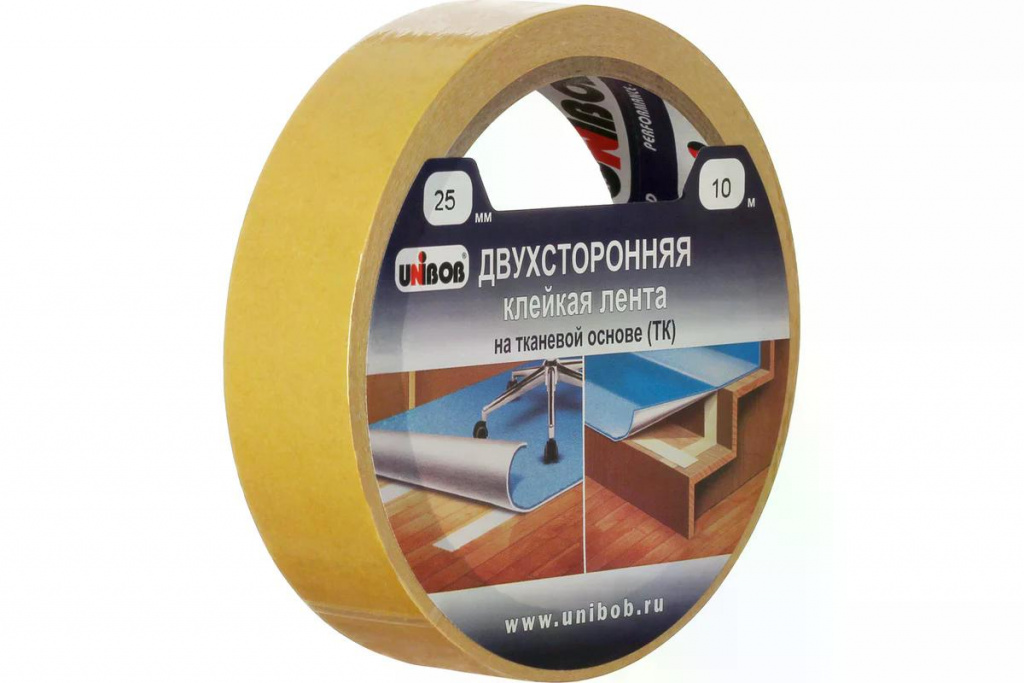 Двусторонняя клейкая лента UNIBOB 25мм х 10м (ткань)