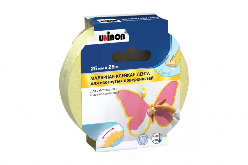 Профессиональная малярная лента для изогнутых поверхностей 25 мм х 25 м UNIBOB (желтая)